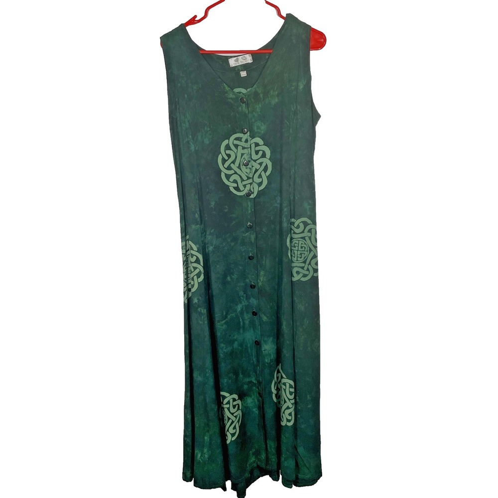 LOVE TO KISS Womens Sleeveless Dress Sz M Green Celtic Fairy Boho Stretch Midi